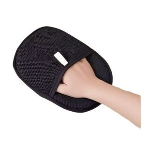 Black hand-worn mitt on a white background