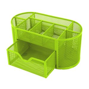 Bright green desktop organizer with open sections and pull-out drawer