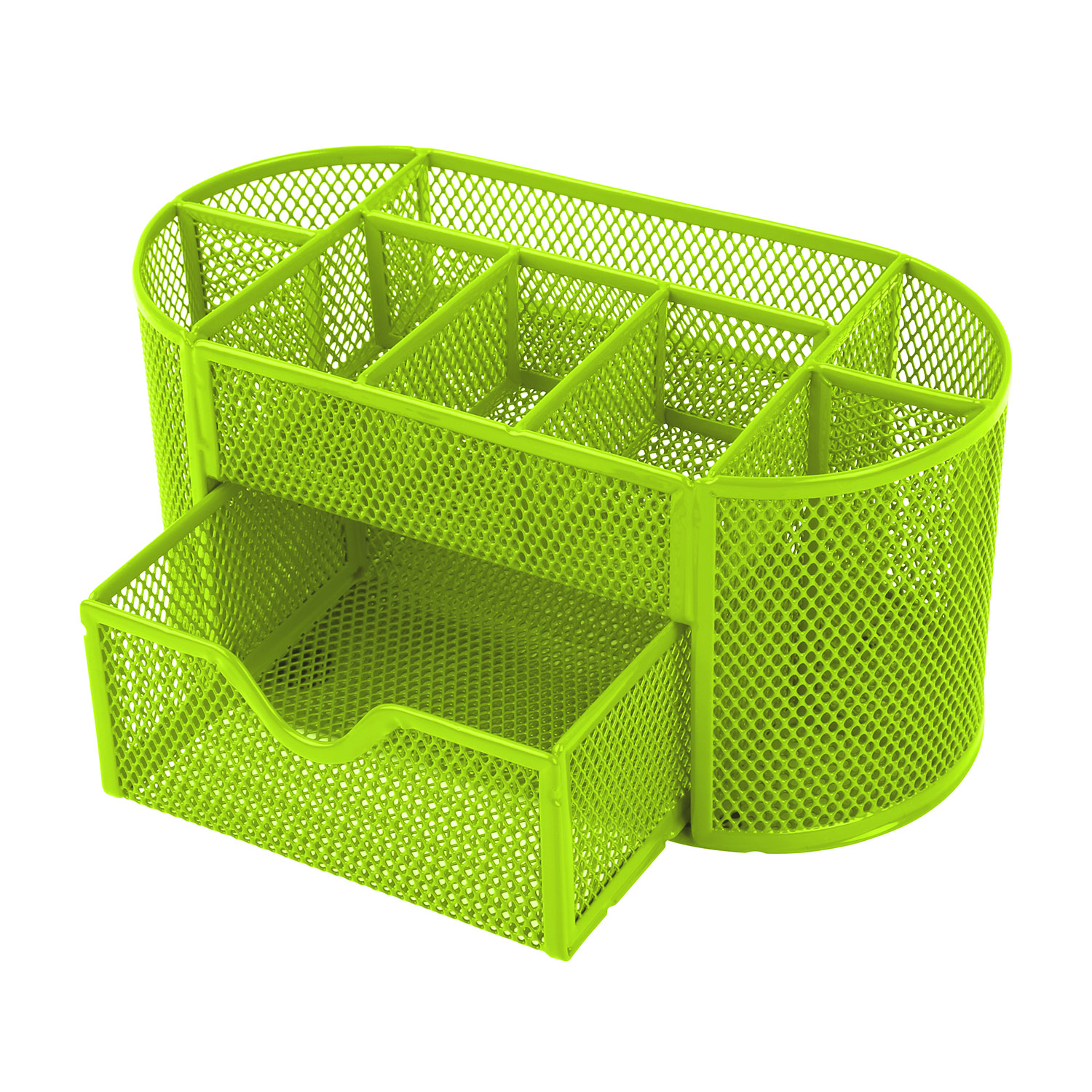Bright green desktop organizer with open sections and pull-out drawer