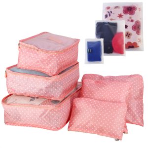 Pink patterned nine-piece travel packing organizer set