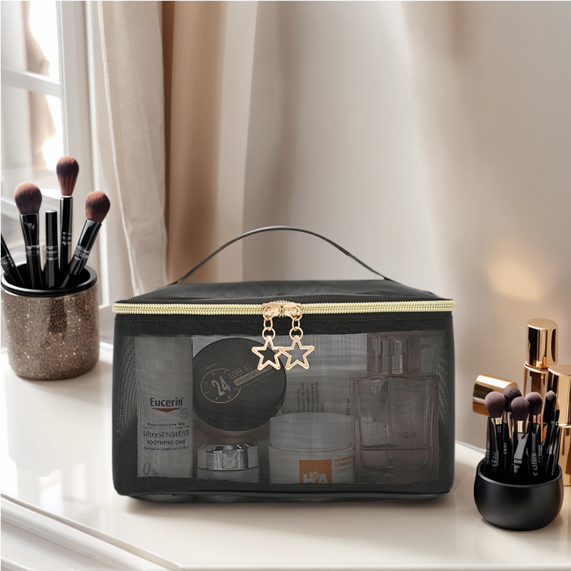 Black mesh travel toiletry organizer product view