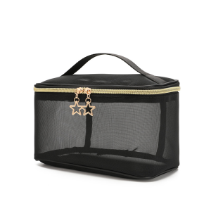 Black mesh hanging travel toiletry organizer, front view