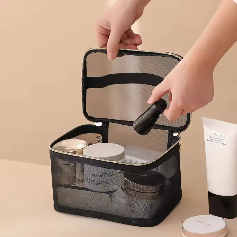 Black mesh travel toiletry organizer product view