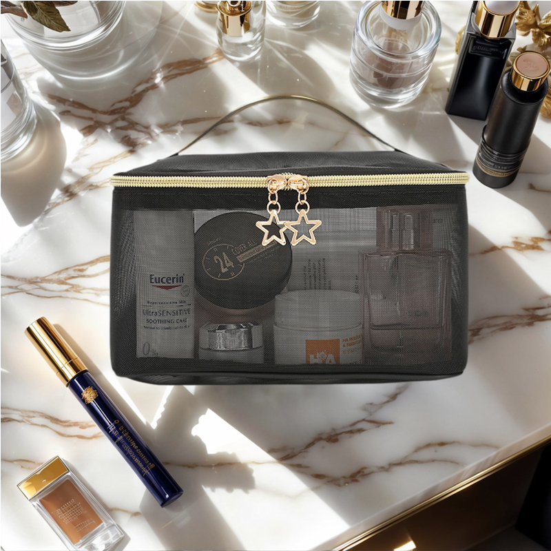 Black mesh travel toiletry organizer product view