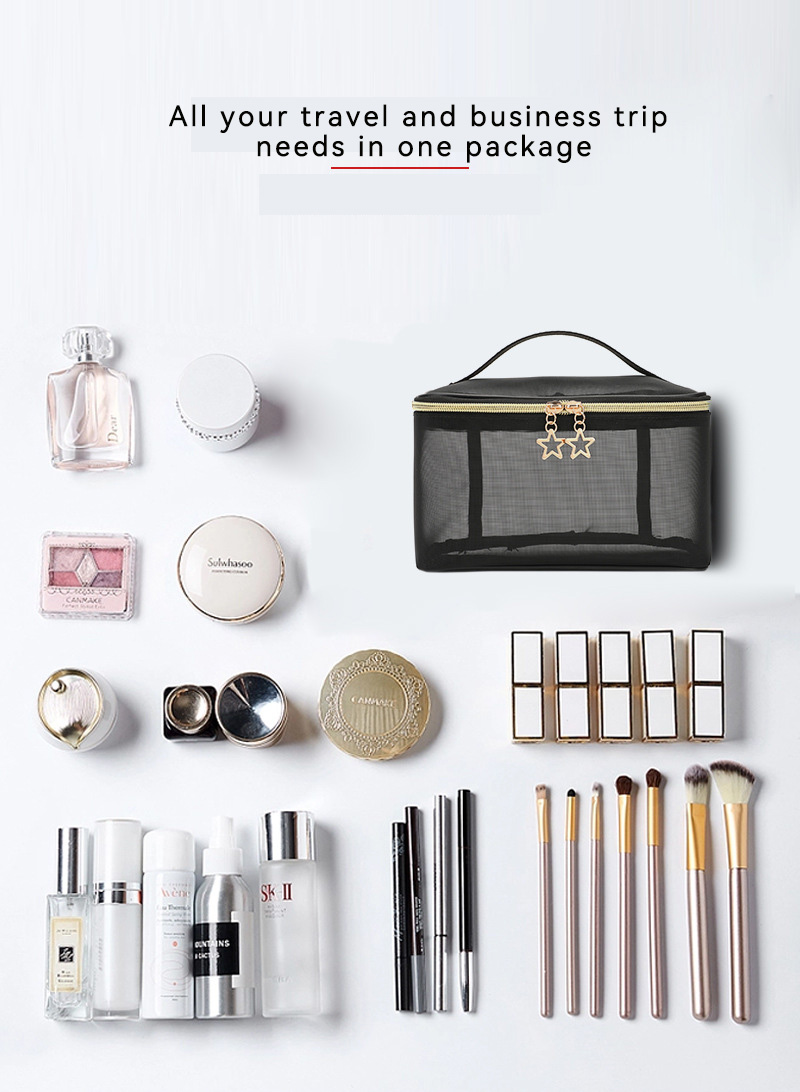 Black mesh travel toiletry organizer product view